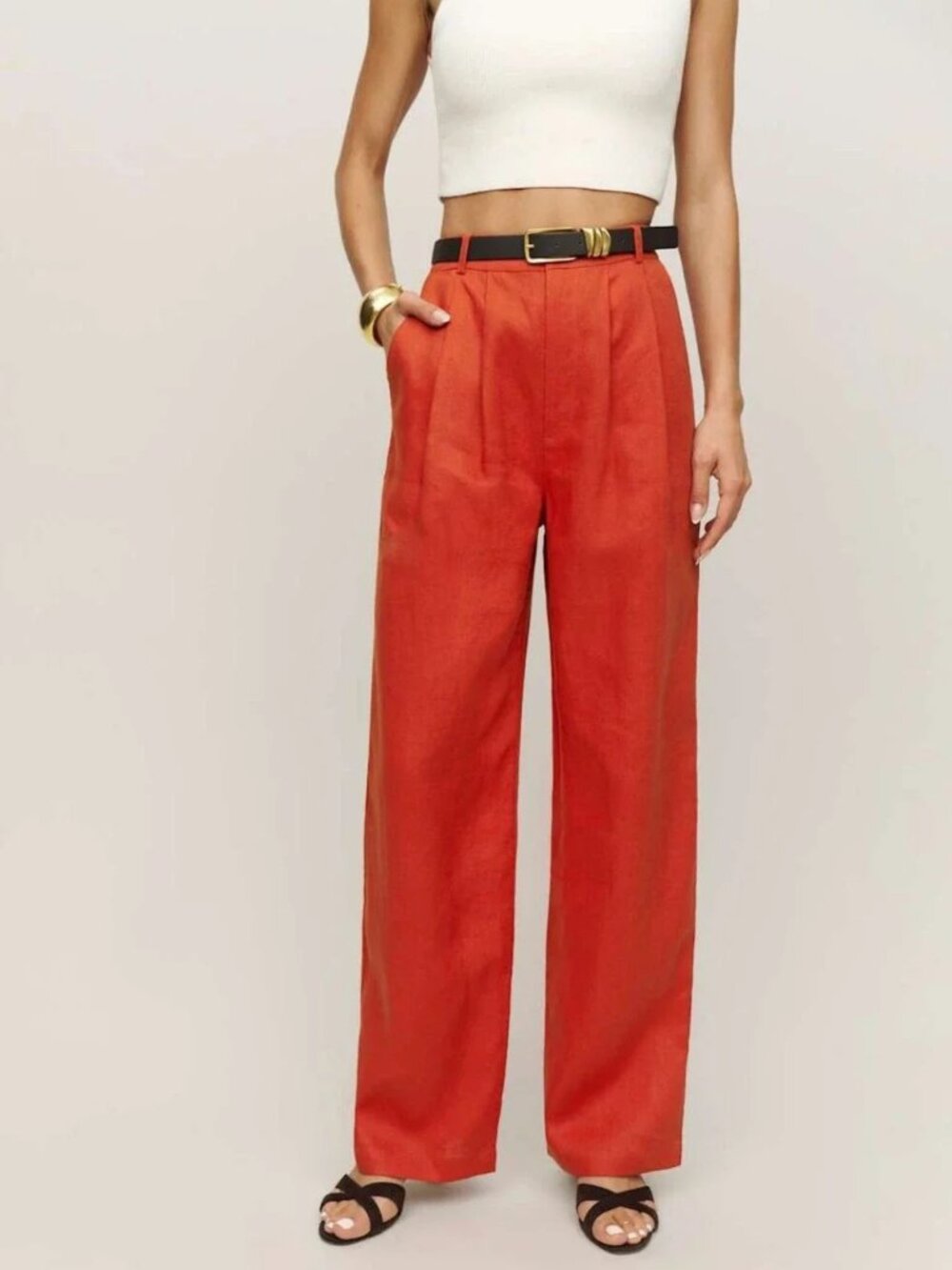 Reformation Vesta Linen Wide Leg High Waist Pants Orange Tomato Girl Size 10
